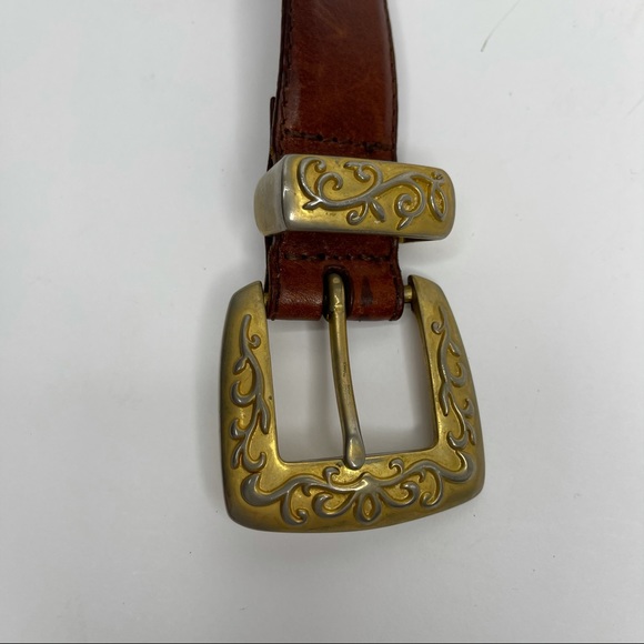 Fossil Brown Metal Hinge Accent Boho Western Belt Size L - Picture 11 of 14